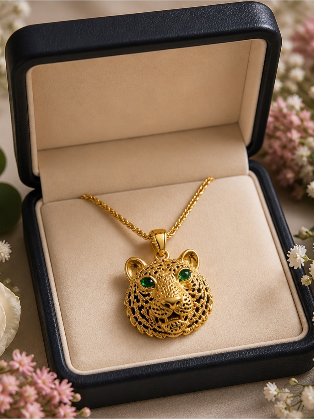 18k yellow gold Gold Leopard Pendant Necklace with Green Stone Eyes